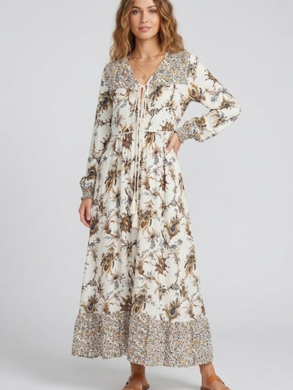 R.VIVIMOS Boho Floral Maxi Dress Size M (8/10) Long Sleeve Tassel Cream Mustard